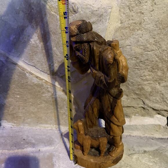 VTG 1975 Hand Carved Olive Wood Statue Man Sheep Shepherd 15" Old City Jerusalem - Picture 15 of 16